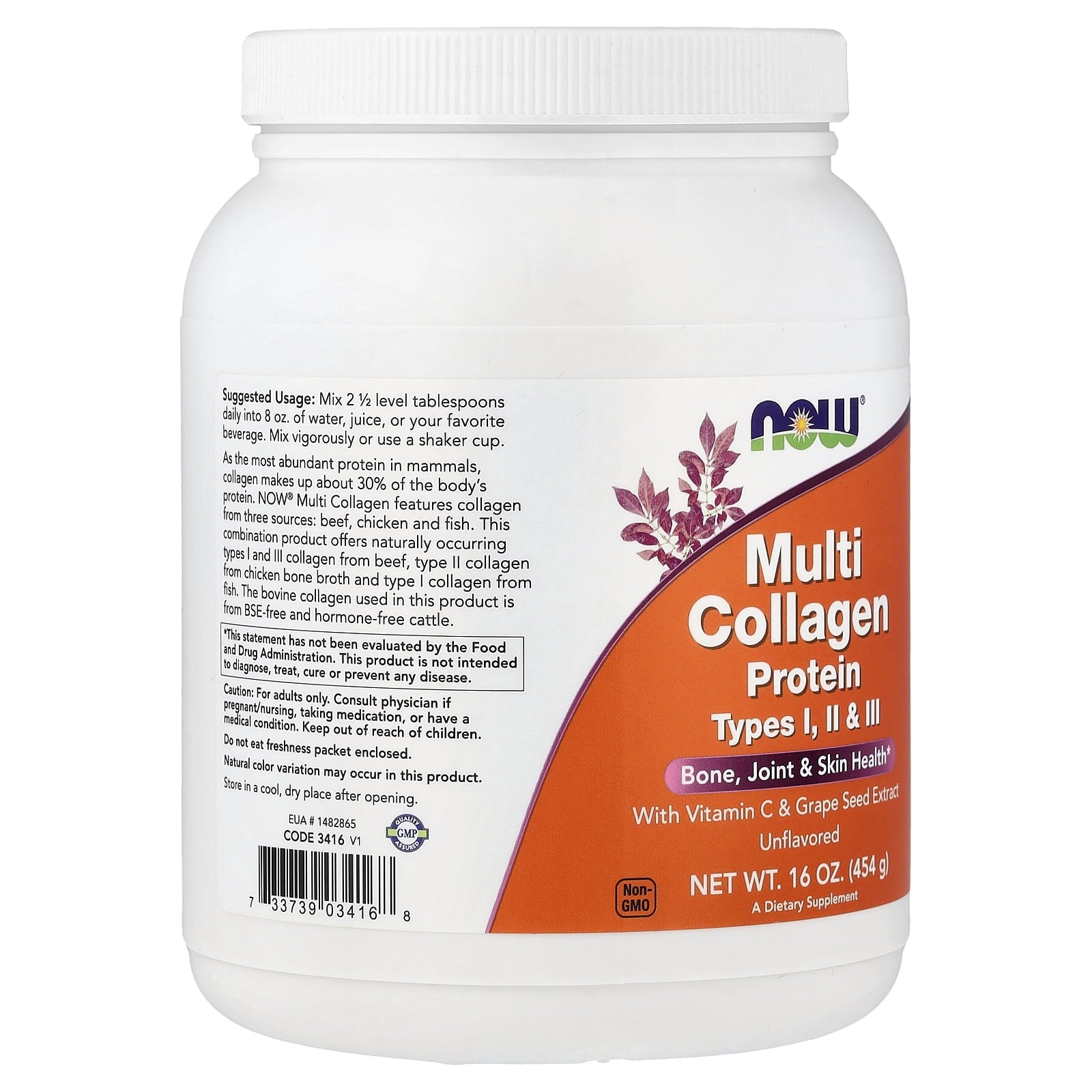 Now Foods Multi Collagen Protein Powder Types I, II &amp; II 16 oz Powder