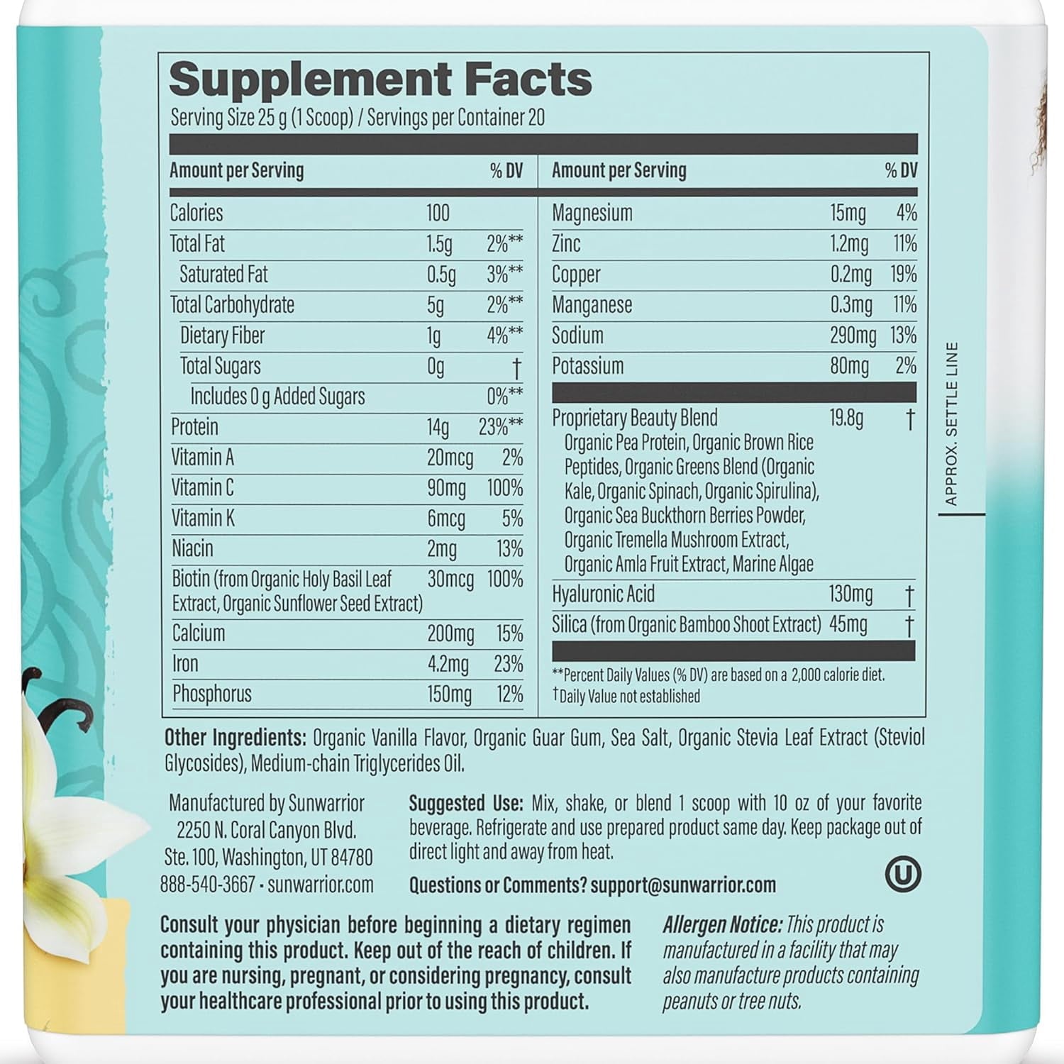 Sunwarrior Vegan Collagen Vanilla Protein Powder with Biotin &amp; Hyaluronic Acid 20 Servings