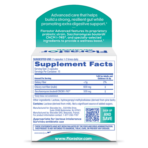 Florastor Unisex Advanced Pro + Pre Probiotic and Prebiotic Supplement 30ct