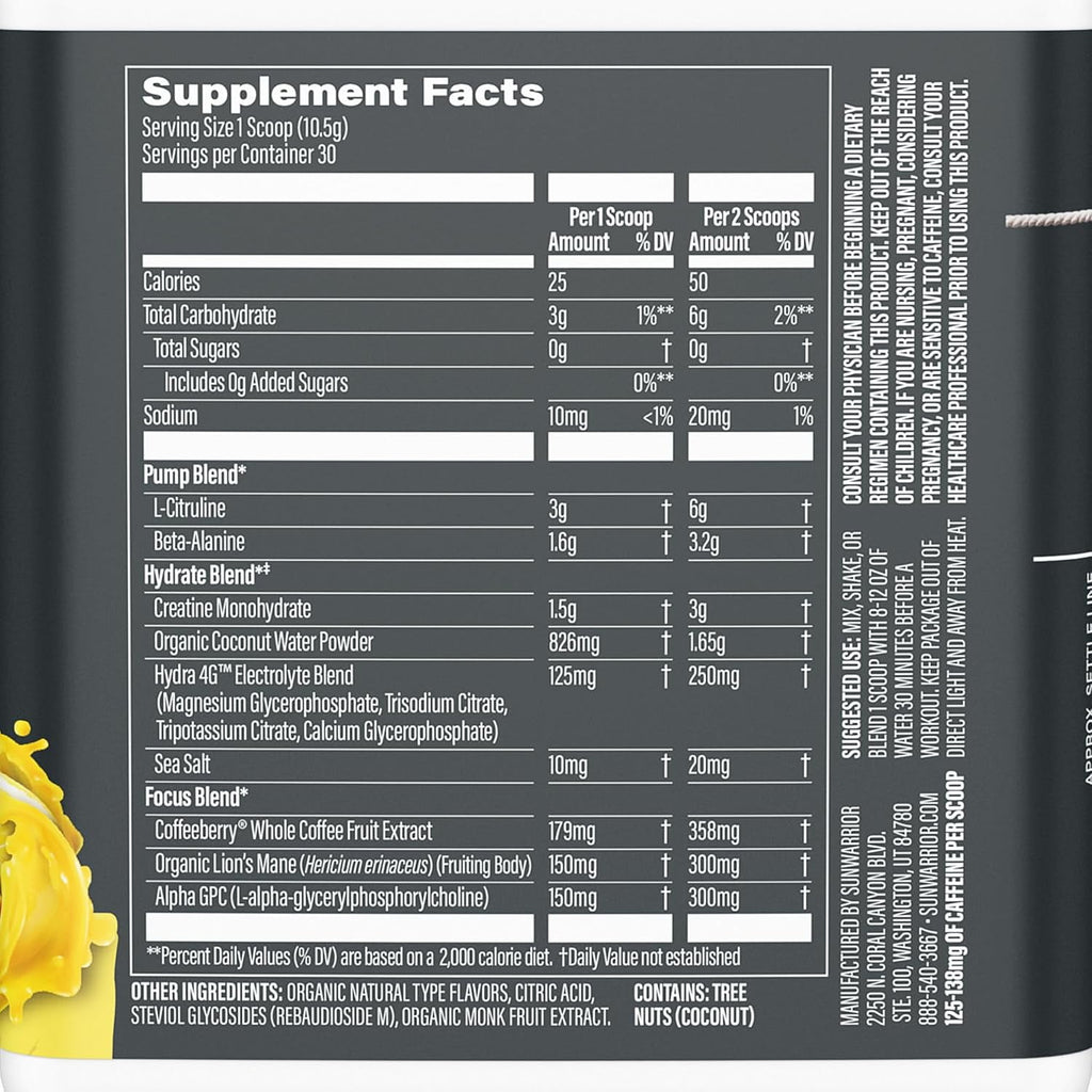 Sunwarrior Active Pre-Workout Powder for Men &amp; Women, Yuzu Mango, 315g (30 Servings)