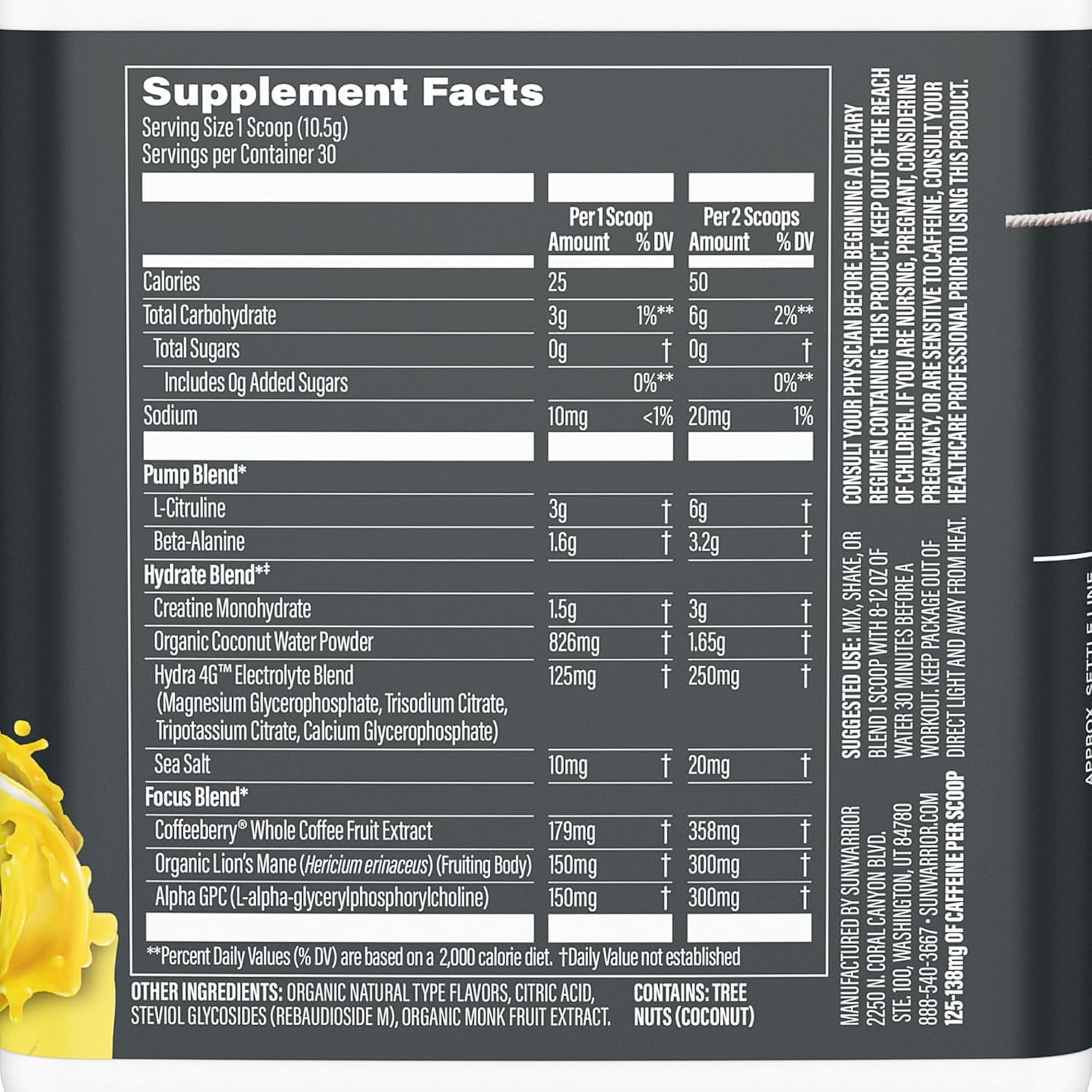 Sunwarrior Active Pre-Workout Powder for Men &amp; Women, Yuzu Mango, 315g (30 Servings)