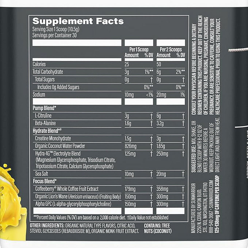 Sunwarrior Active Pre-Workout Powder for Men &amp; Women, Yuzu Mango, 315g (30 Servings)