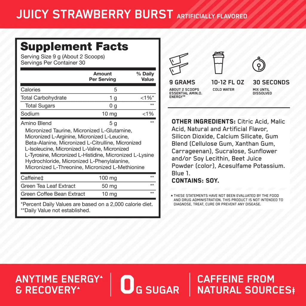 Optimum Nutrition, Essential Amino Energy Powder, Juicy Strawberry Burst, 9.5 oz, 30 Servings