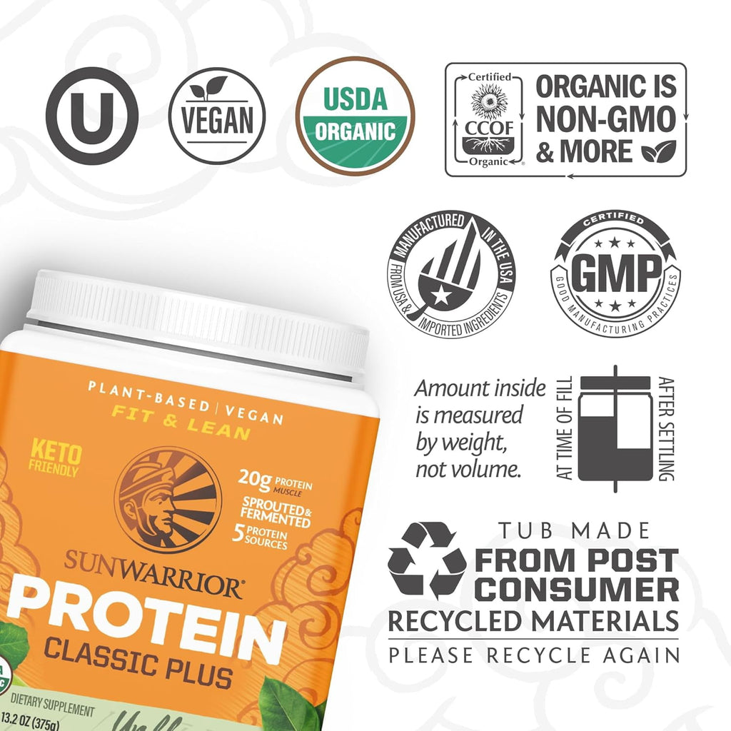 Sunwarrior Classic Plus Protein Natural Organic Vegan Protein Powder with BCAA 375g