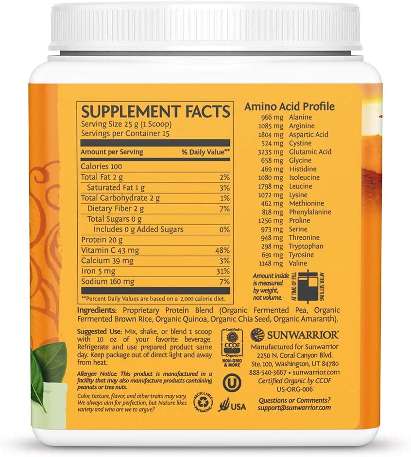 Sunwarrior Classic Plus Protein Natural Organic Vegan Protein Powder with BCAA 375g