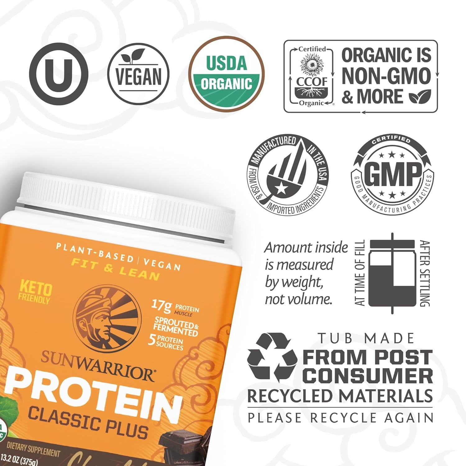 Sunwarrior Classic Plus Protein Natural Organic Vegan Protein Powder with BCAA 375g