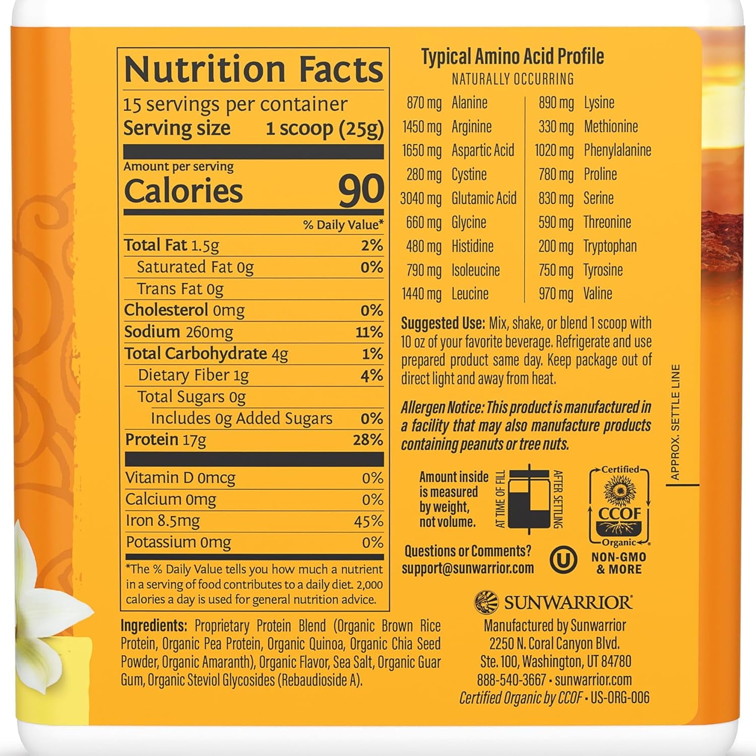 Sunwarrior Classic Plus Protein Natural Organic Vegan Protein Powder with BCAA 375g