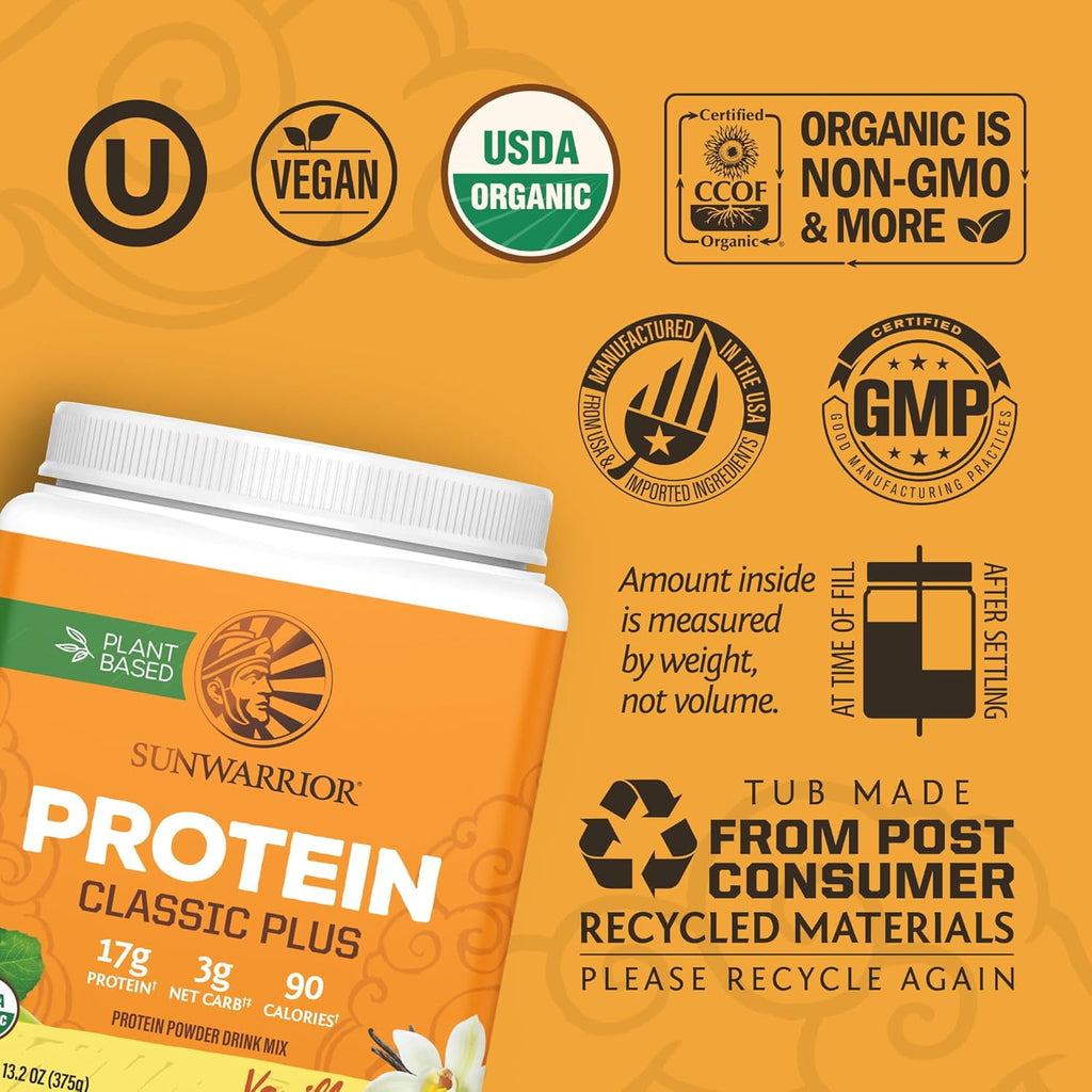 Sunwarrior Classic Plus Protein Natural Organic Vegan Protein Powder with BCAA 375g