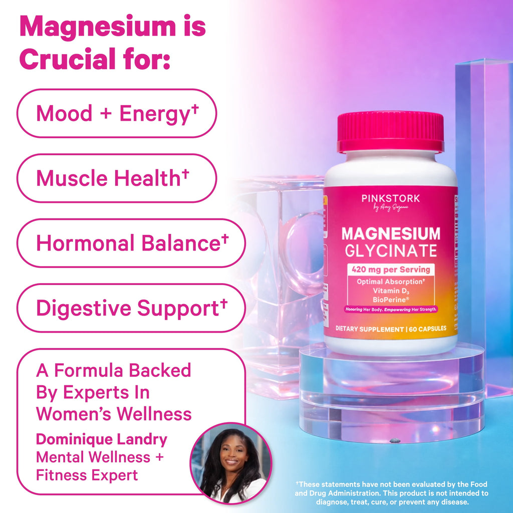 Pink Stork Magnesium Glycinate Supplement, Sleep and Stress Support, Vitamin D3, 60 Capsules
