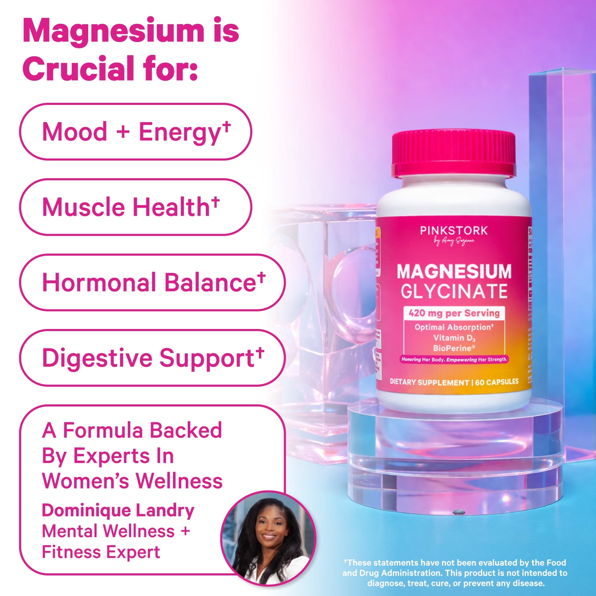 Pink Stork Magnesium Glycinate Supplement, Sleep and Stress Support, Vitamin D3, 60 Capsules