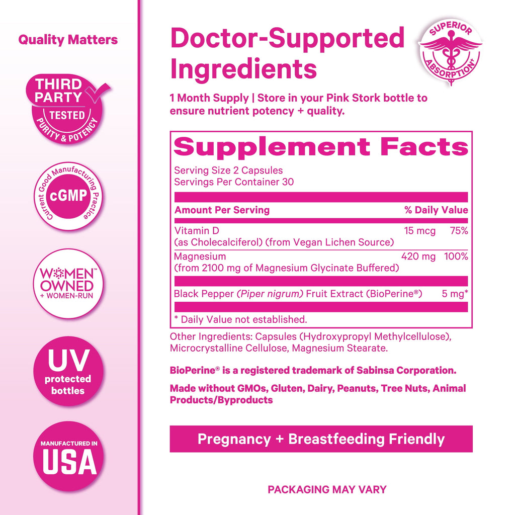 Pink Stork Magnesium Glycinate Supplement, Sleep and Stress Support, Vitamin D3, 60 Capsules