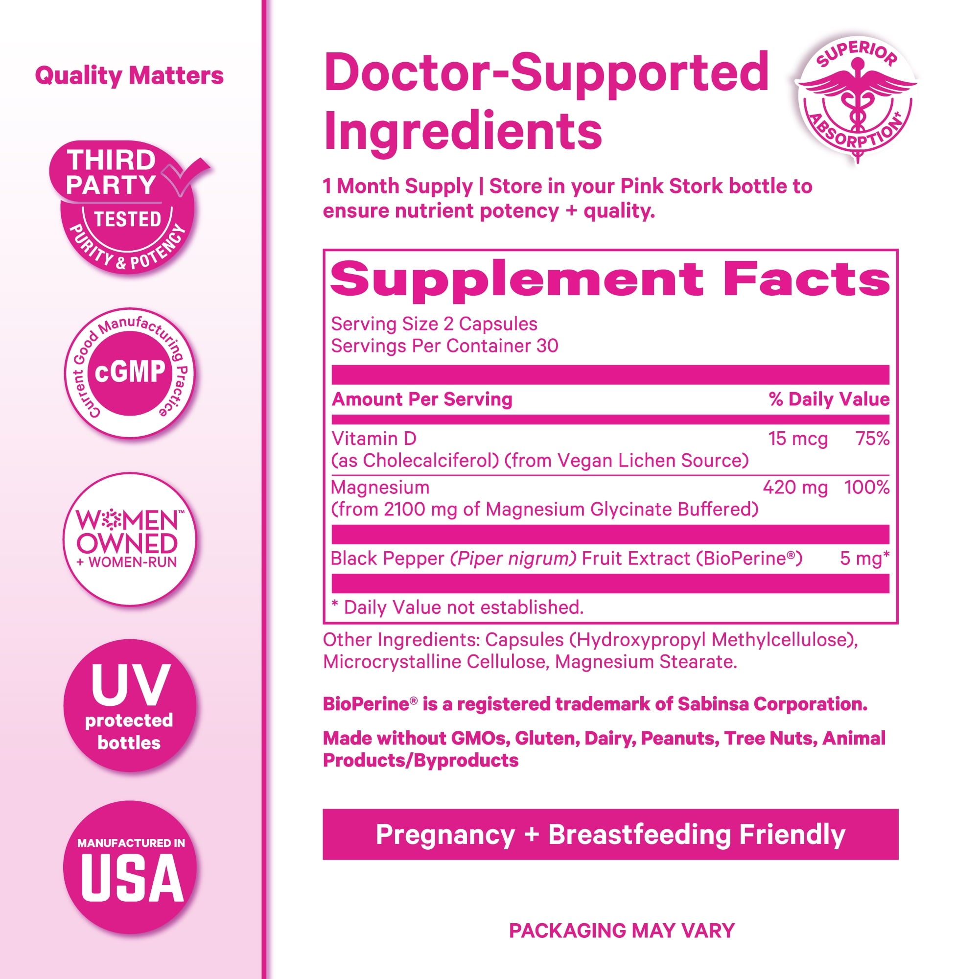 Pink Stork Magnesium Glycinate Supplement, Sleep and Stress Support, Vitamin D3, 60 Capsules