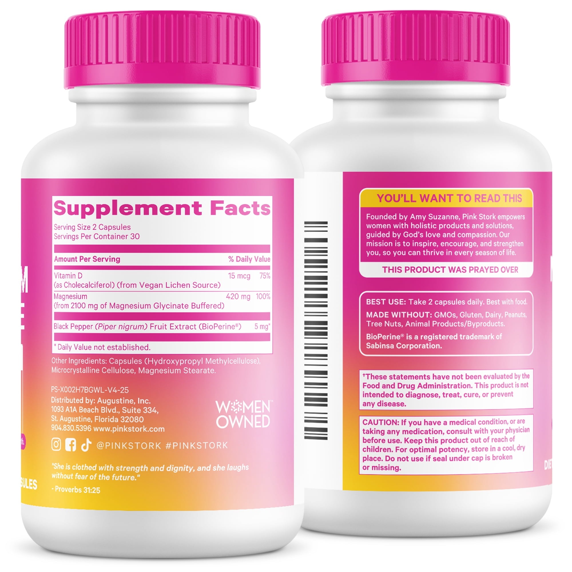 Pink Stork Magnesium Glycinate Supplement, Sleep and Stress Support, Vitamin D3, 60 Capsules