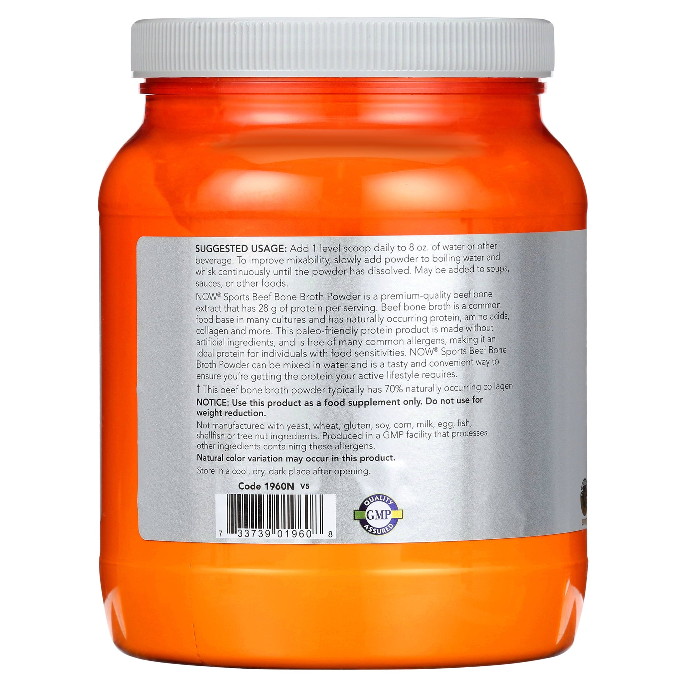 Now Foods, Sports, Beef Bone Broth, Protein Powder , 1.2 lbs (544 g)