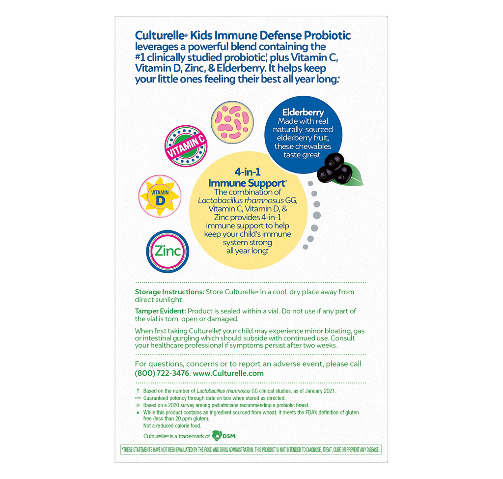 Culturelle Probiotics Kids Immune Defense Daily Chewables Supplement, 4-in-1 Immune Support for Children, Super Berry Flavor, 30 Count