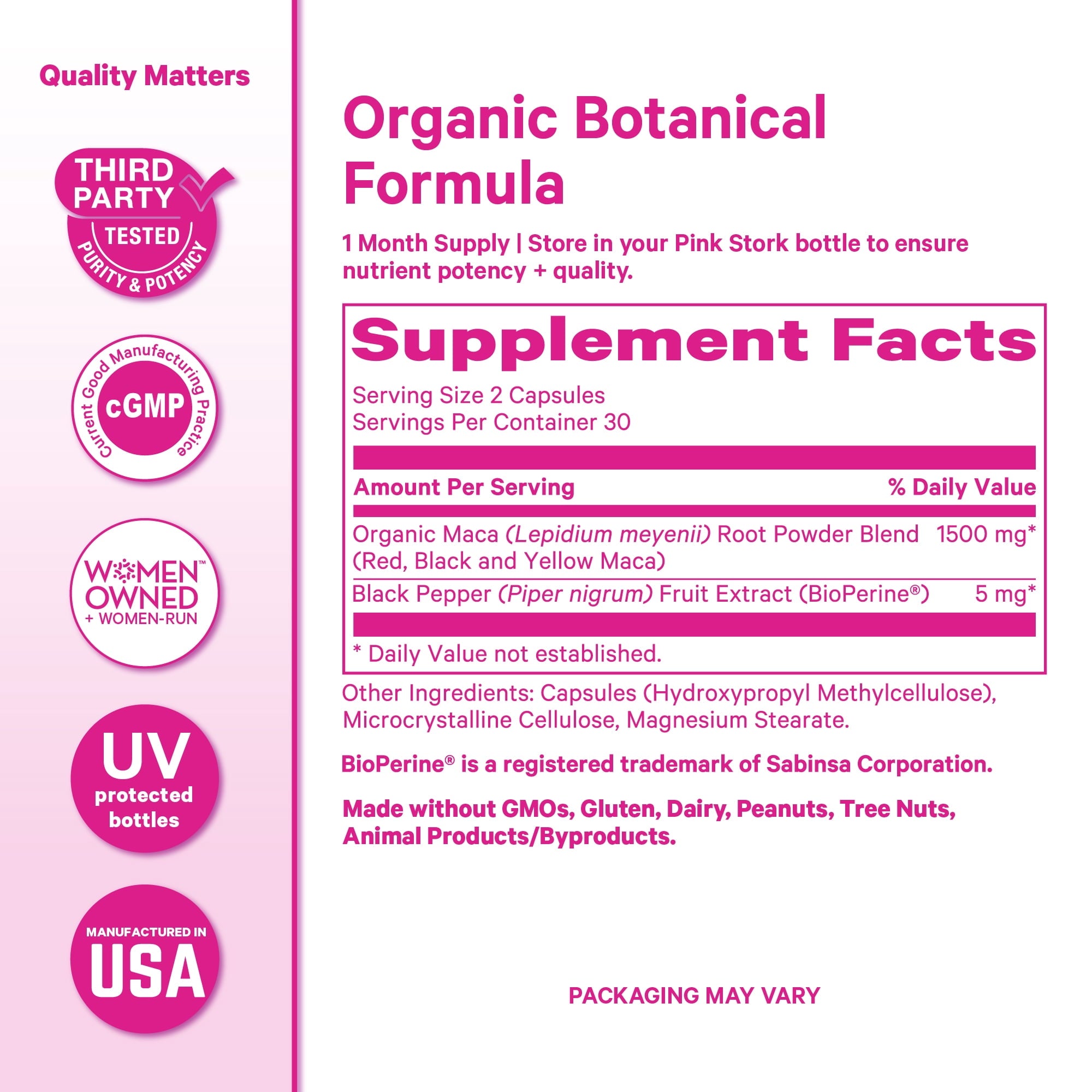 Pink Stork Organic Maca Root Capsules, Gluten-Free, 60 Ct