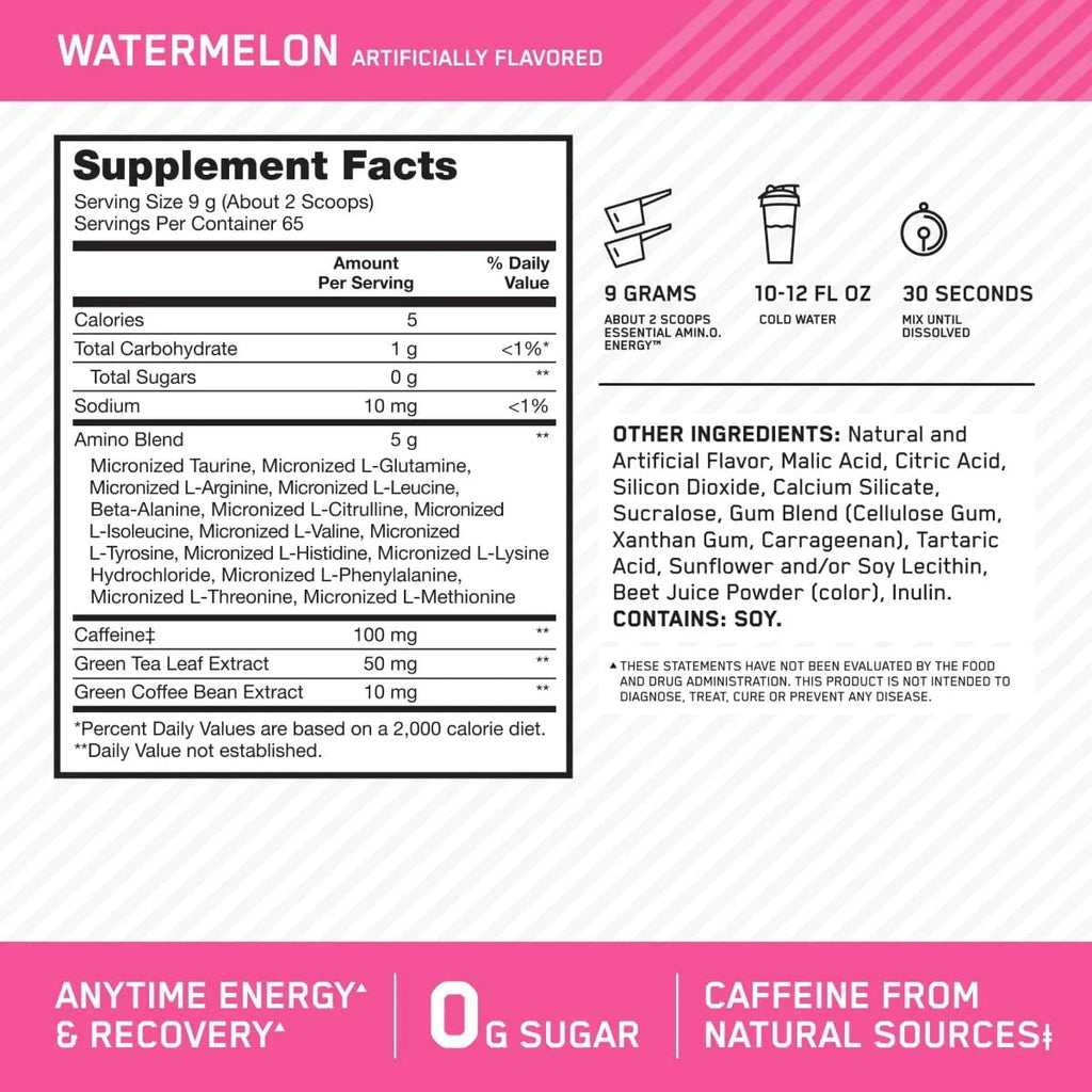 Optimum Nutrition Amino Energy Pre Workout + Essential Amino Acids Powder, Watermelon, 65 Servings