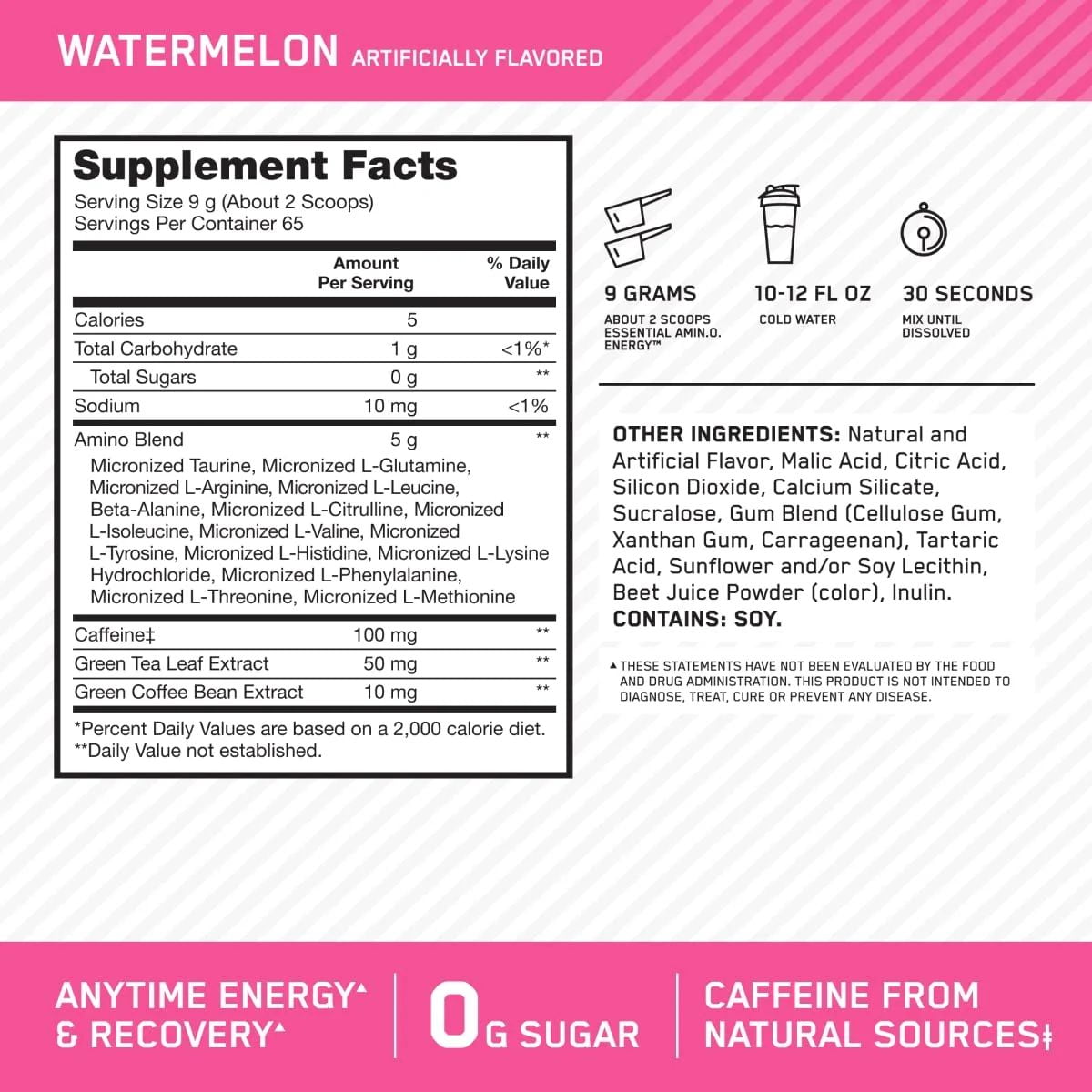 Optimum Nutrition Amino Energy Pre Workout + Essential Amino Acids Powder, Watermelon, 65 Servings