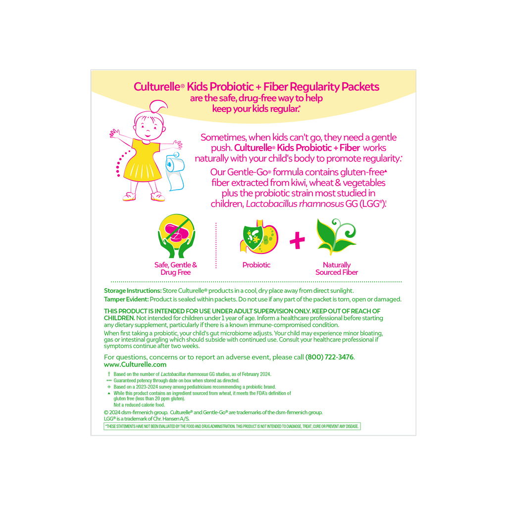 Culturelle Probiotics Kids Probiotic + Fiber Daily Ready-to-Mix Supplement, Digestive Regularity Support for Children, No Flavor Added, 60 Packets
