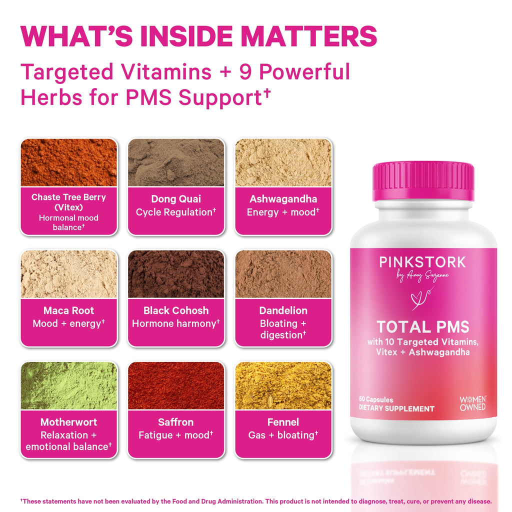 Pink Stork PMS Support Capsules, Magnesium, B Vitamins, Herbs for Period and Mood, 60 Count