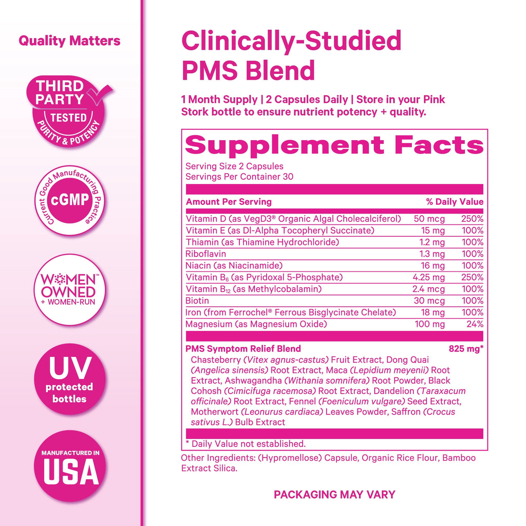 Pink Stork PMS Support Capsules, Magnesium, B Vitamins, Herbs for Period and Mood, 60 Count