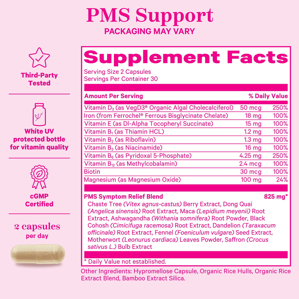 Pink Stork PMS Support Capsules, Magnesium, B Vitamins, Herbs for Period and Mood, 60 Count