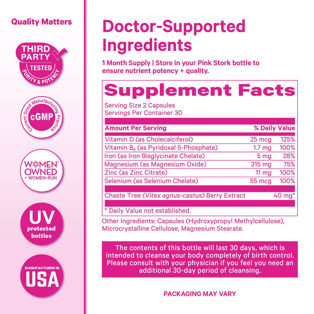 Pink Stork Birth Control Cleanse: Hormone Support with Chaste, Magnesium, Zinc, Vitamin D, 60 Capsules