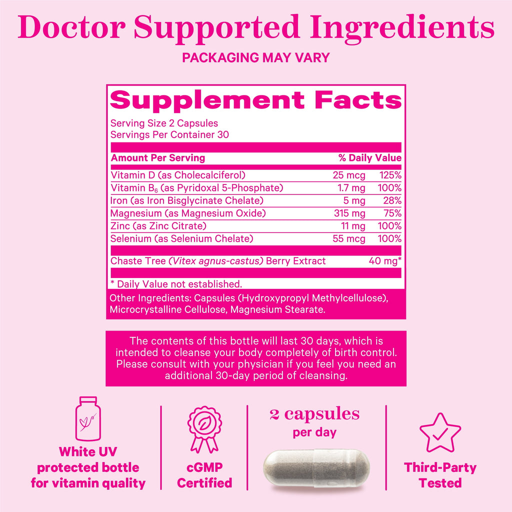 Pink Stork Birth Control Cleanse: Hormone Support with Chaste, Magnesium, Zinc, Vitamin D, 60 Capsules