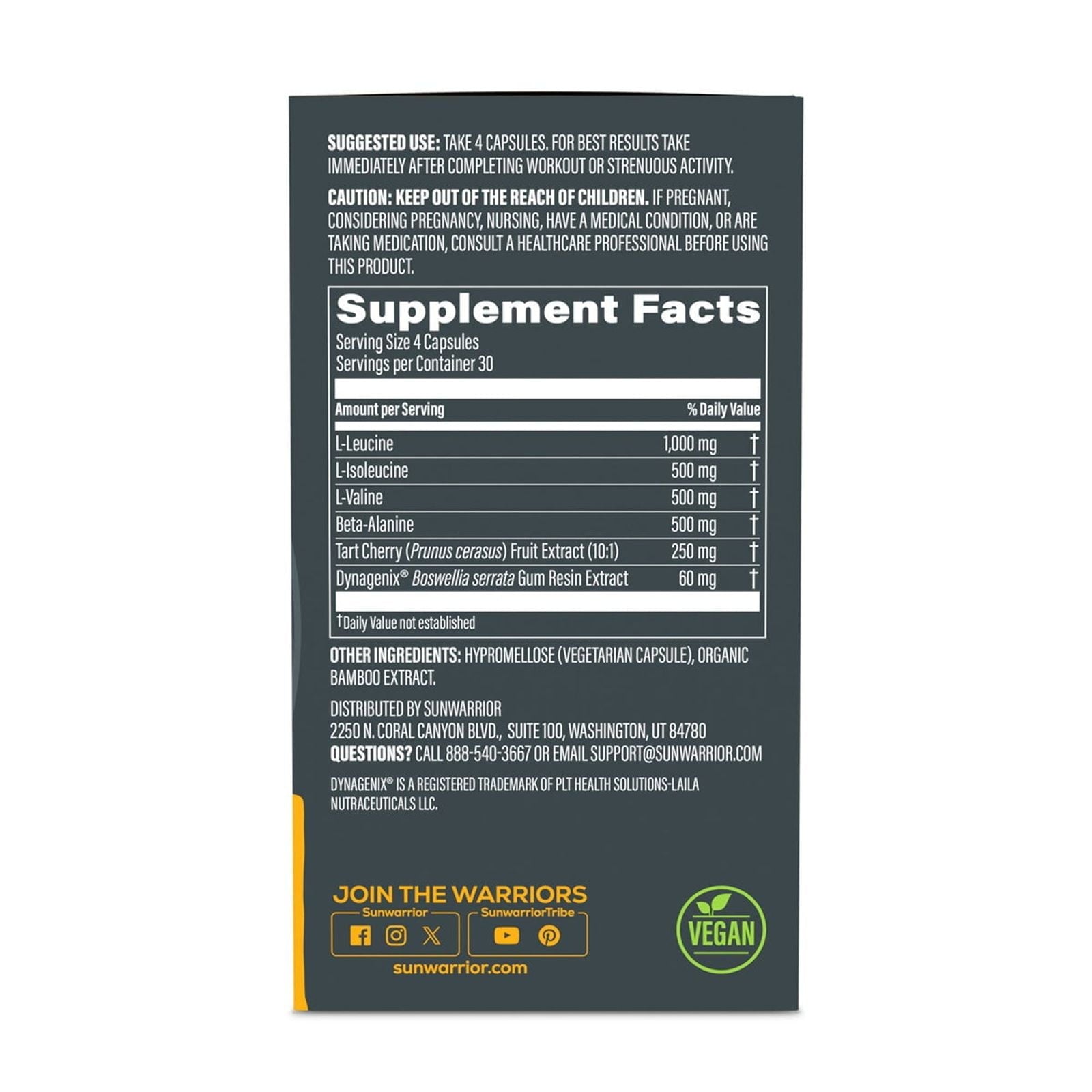 Sunwarrior Post Workout Power and Recovery Dietary Supplements, 120 Capsules