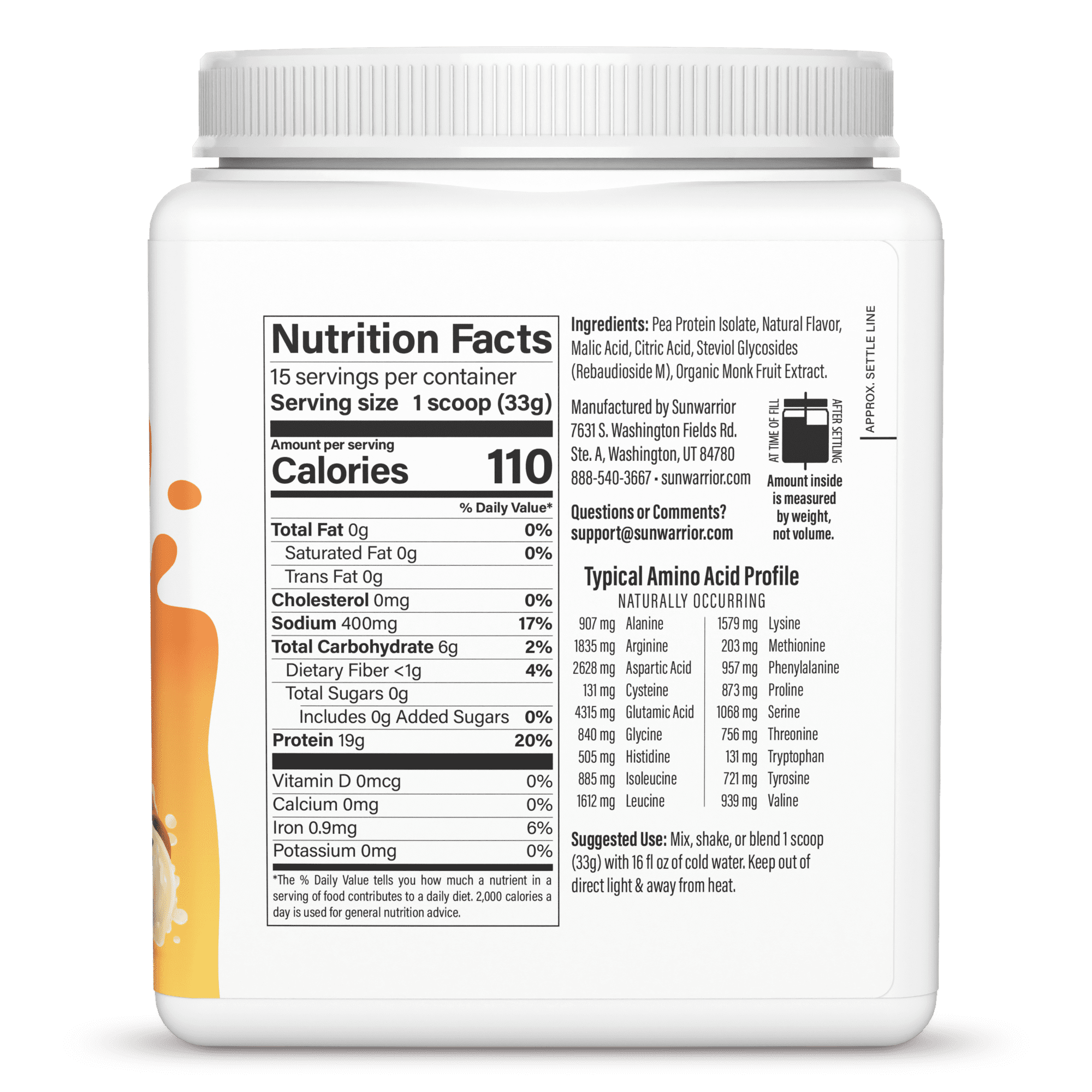 Sunwarrior Clear Plant Protein Peach Tea 491g Tub (15 SRV)