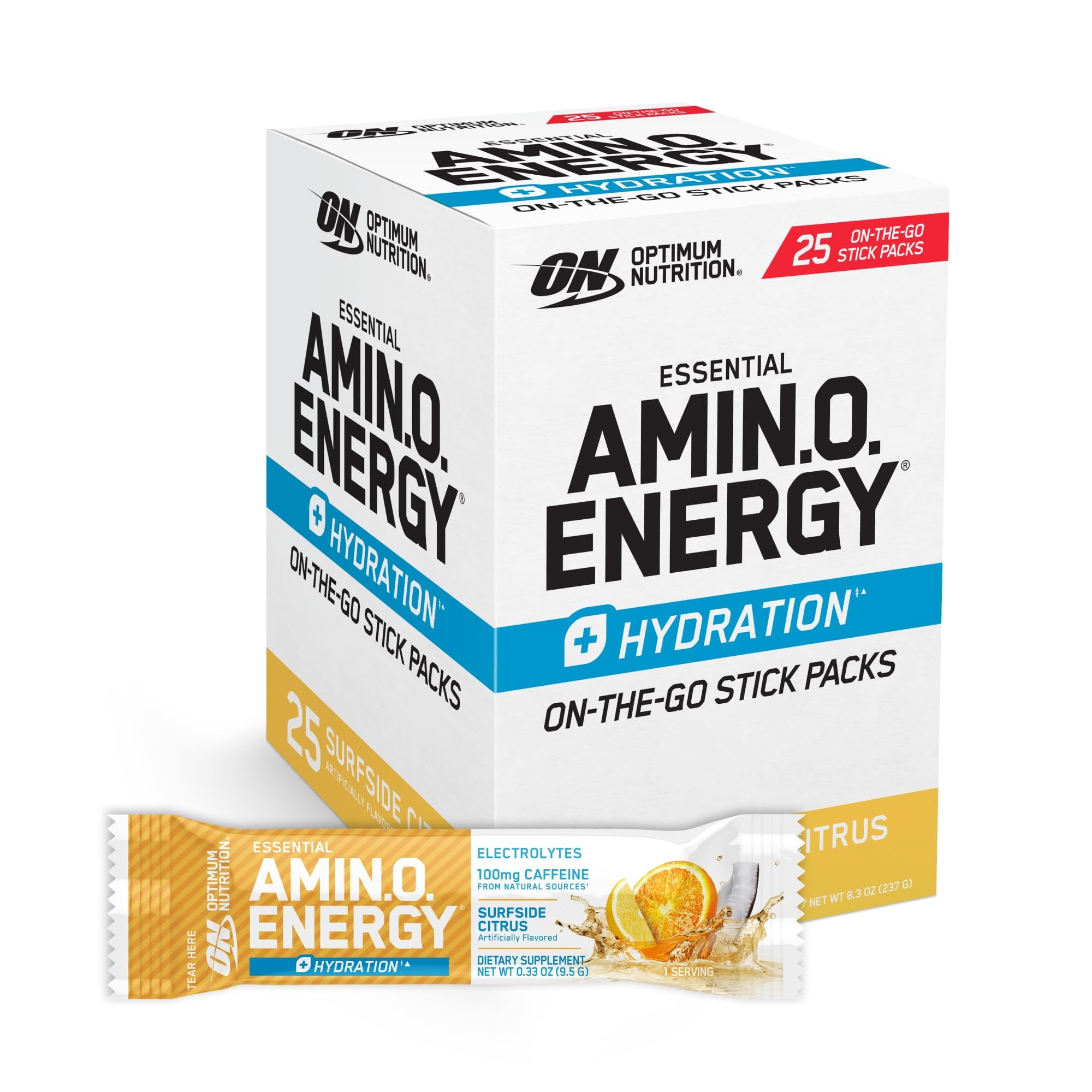 Optimum Nutrition Amino Energy Plus Hydration Packets, On-The-Go Caffiene Stick Packs, Surfside Citrus, 25 Count