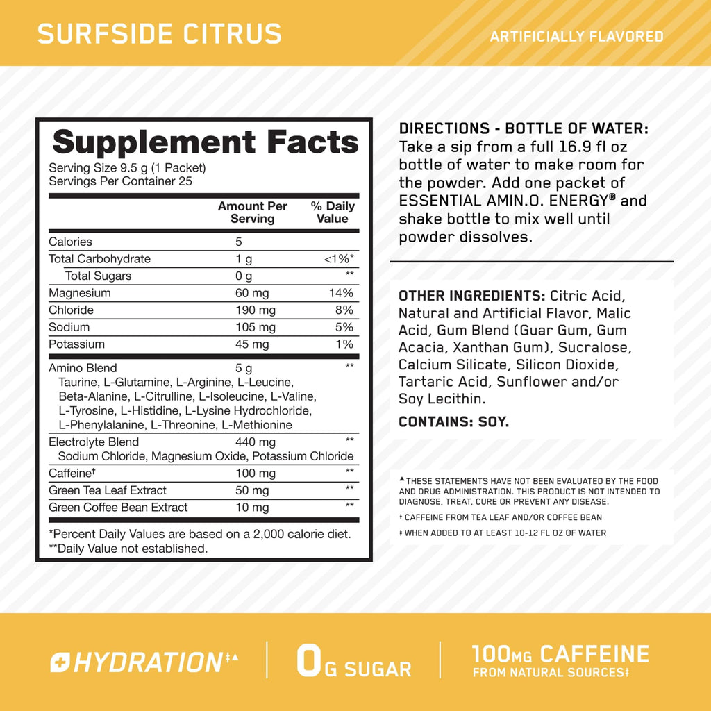 Optimum Nutrition Amino Energy Plus Hydration Packets, On-The-Go Caffiene Stick Packs, Surfside Citrus, 25 Count
