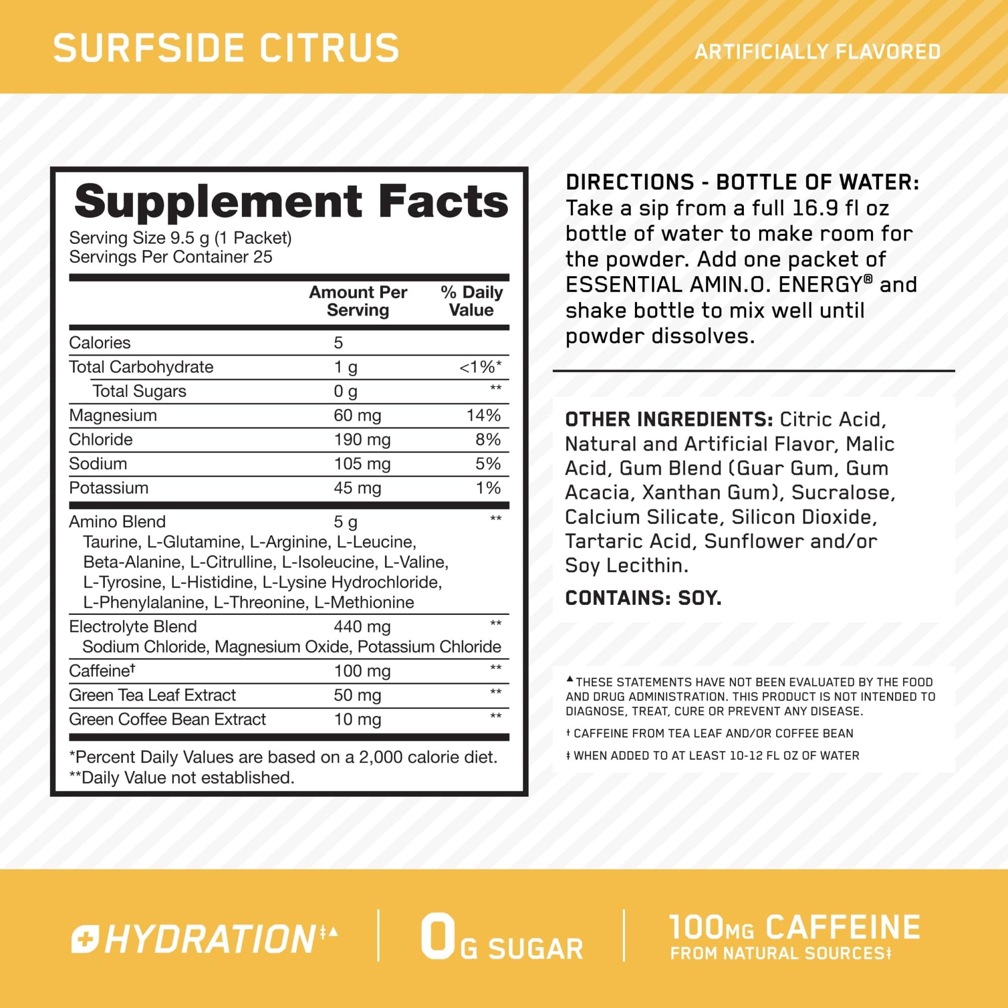 Optimum Nutrition Amino Energy Plus Hydration Packets, On-The-Go Caffiene Stick Packs, Surfside Citrus, 25 Count