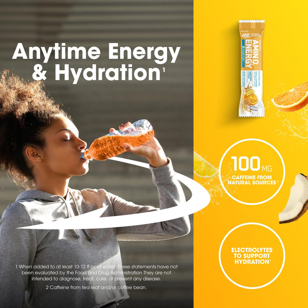 Optimum Nutrition Amino Energy Plus Hydration Packets, On-The-Go Caffiene Stick Packs, Surfside Citrus, 25 Count