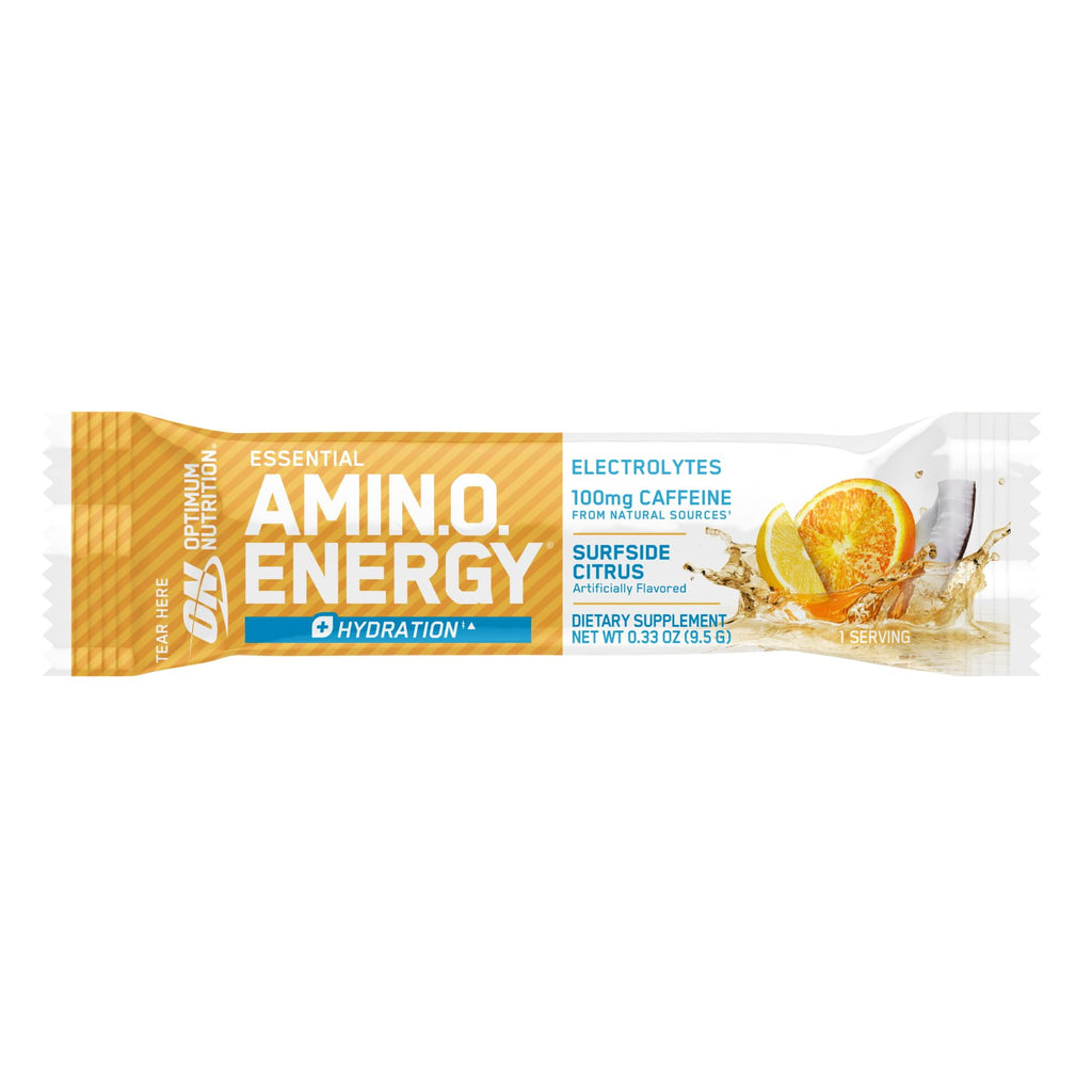 Optimum Nutrition Amino Energy Plus Hydration Packets, On-The-Go Caffiene Stick Packs, Surfside Citrus, 25 Count