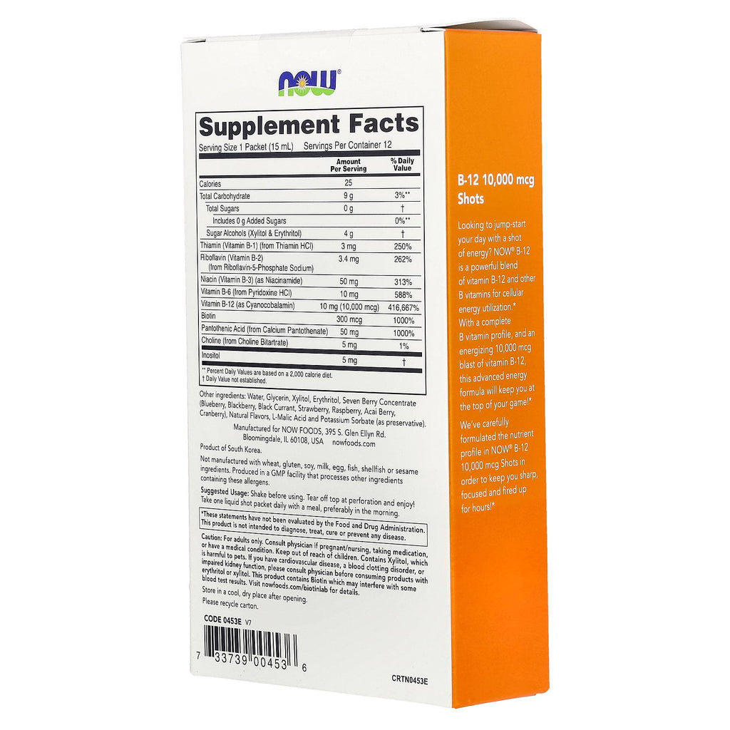 Shots, B-12, Mixed Berry, 10,000 mcg, 12 Shots, 0.5 fl oz (15 ml) Each, NOW Foods
