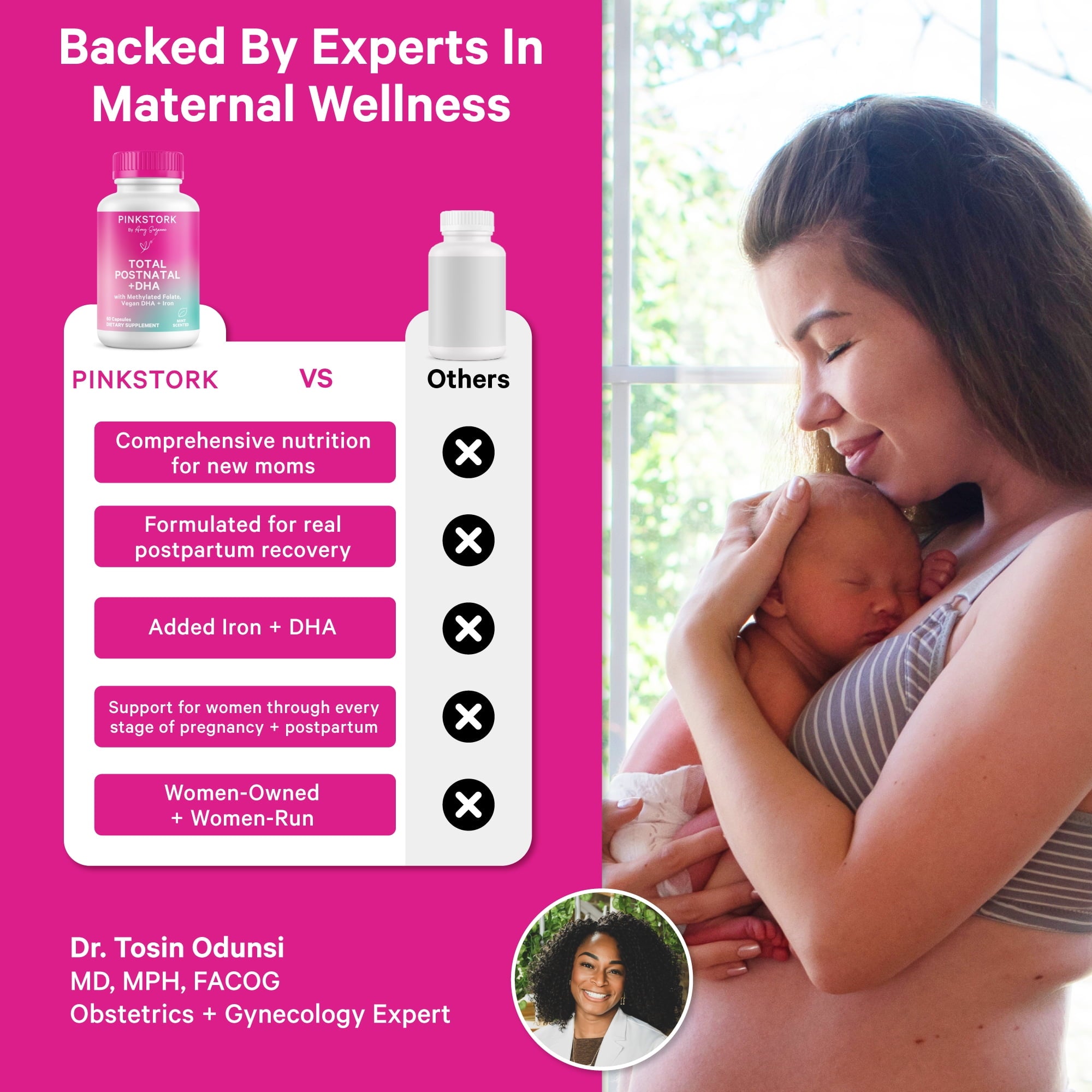 Pink Stork Postnatal Multivitamin for Breastfeeding Moms, 60ct - Vegan DHA, Iron, Folate, and Vitamin B12