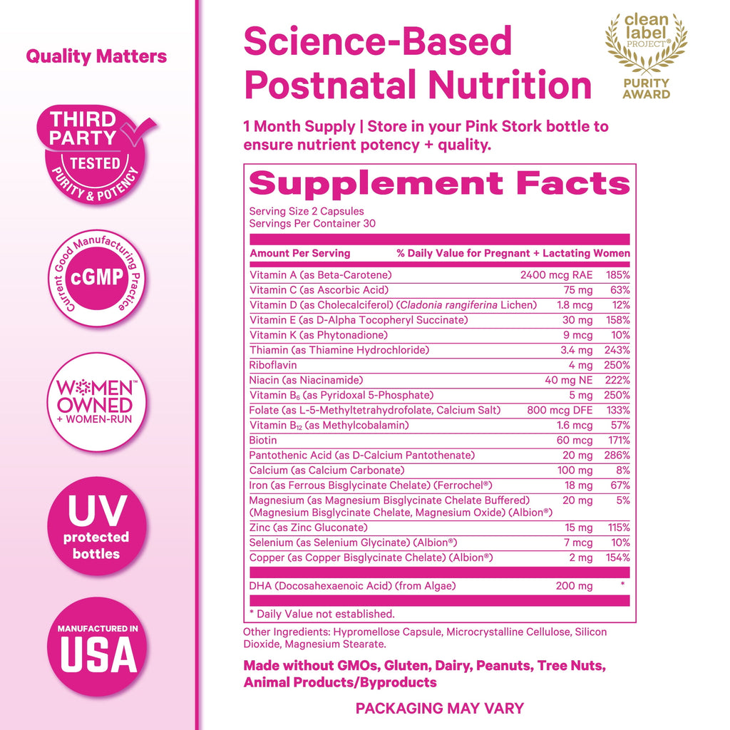 Pink Stork Postnatal Multivitamin for Breastfeeding Moms, 60ct - Vegan DHA, Iron, Folate, and Vitamin B12