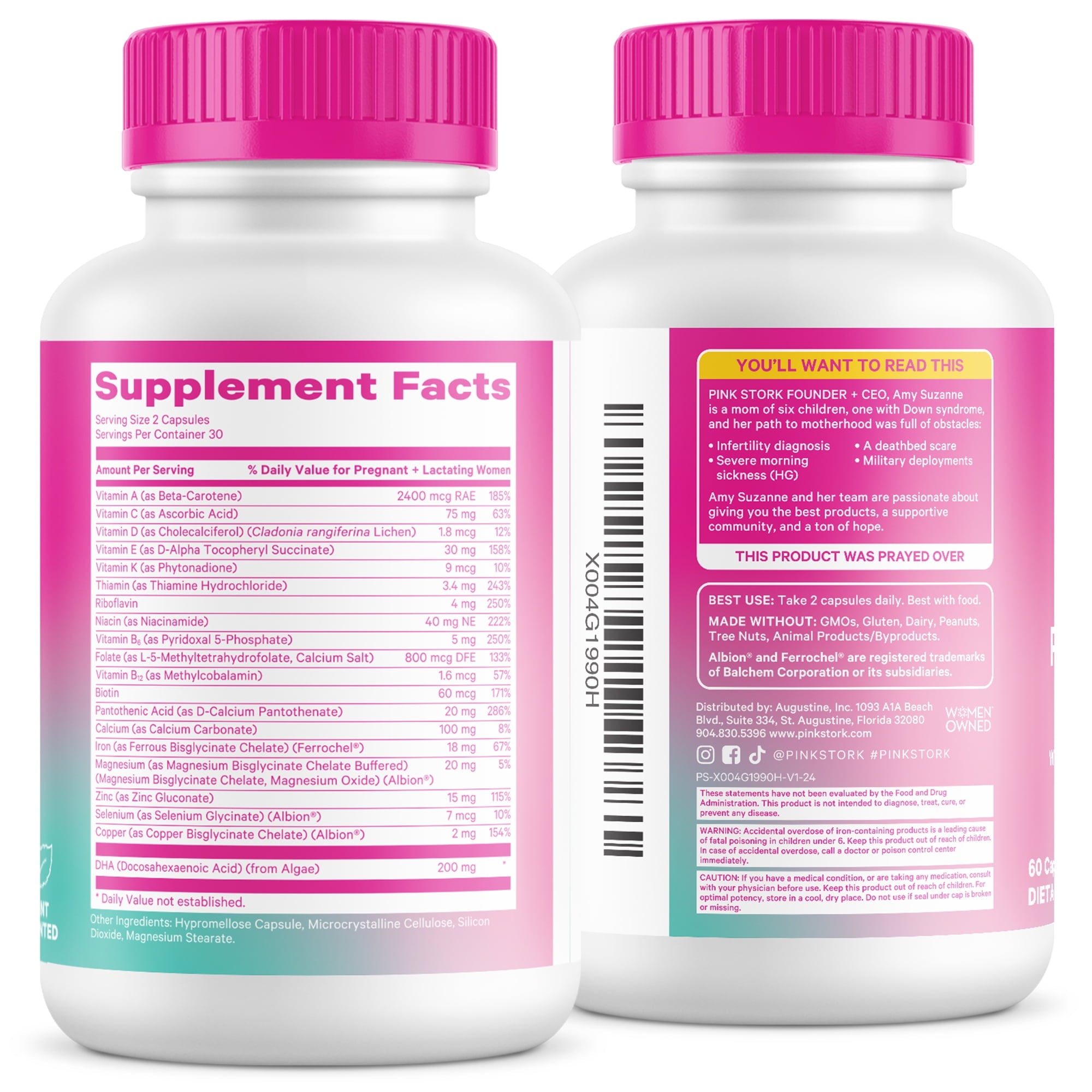 Pink Stork Postnatal Multivitamin for Breastfeeding Moms, 60ct - Vegan DHA, Iron, Folate, and Vitamin B12