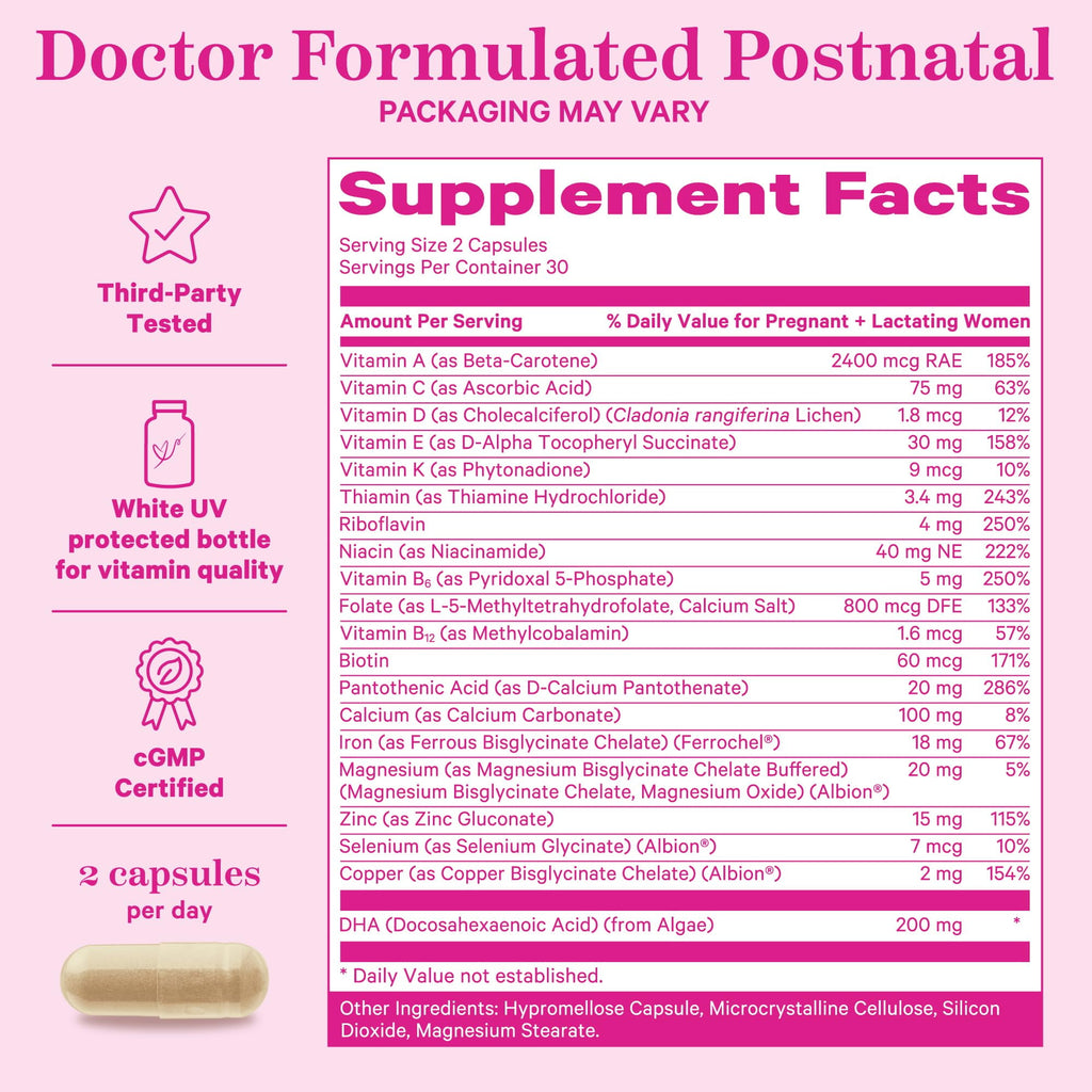 Pink Stork Postnatal Multivitamin for Breastfeeding Moms, 60ct - Vegan DHA, Iron, Folate, and Vitamin B12