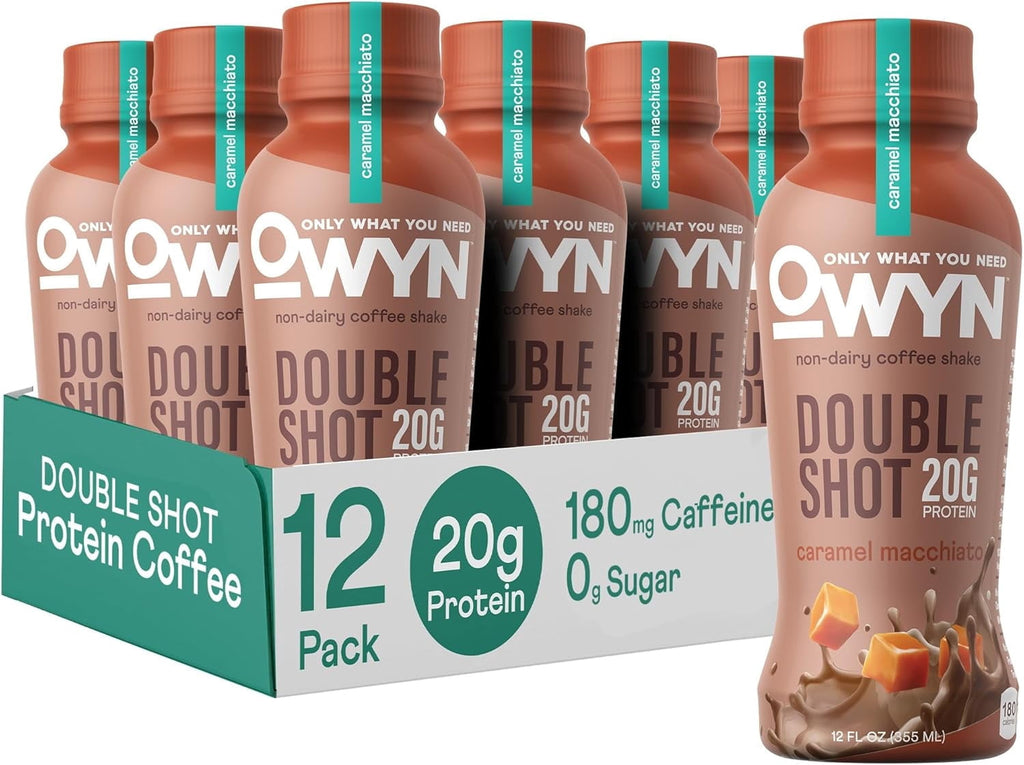 OWYN Only What You Need Double Shot Dairy Free Keto Protein Coffee Shake, Caramel Macchiato, 0g Sugar, 20g Plant Based Protein, 180mg Caffeine, Gluten &amp; Soy Free, Non-GMO, Vegan (12 Pack, 12 Fl Oz)
