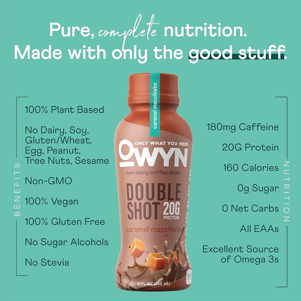 OWYN Only What You Need Double Shot Dairy Free Keto Protein Coffee Shake, Caramel Macchiato, 0g Sugar, 20g Plant Based Protein, 180mg Caffeine, Gluten &amp; Soy Free, Non-GMO, Vegan (12 Pack, 12 Fl Oz)