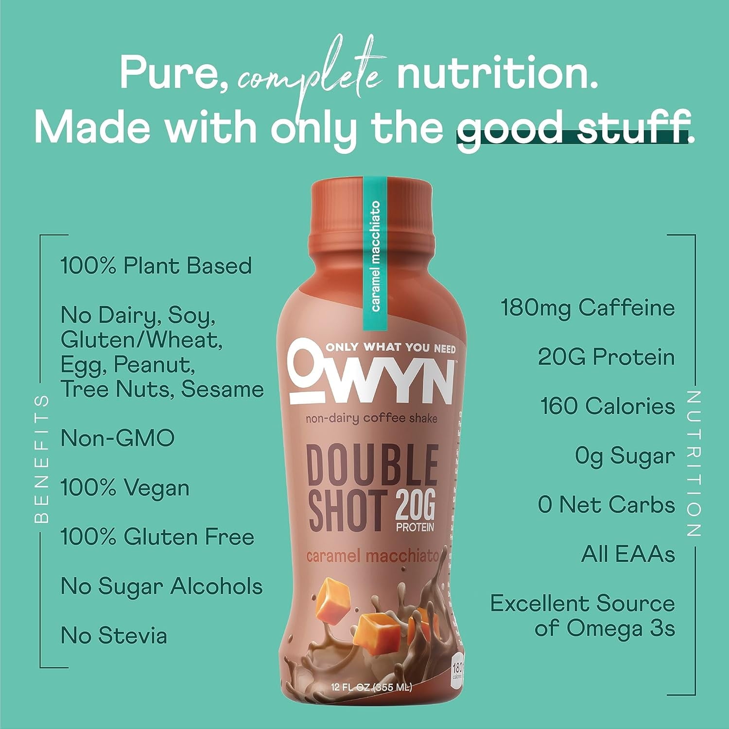 OWYN Only What You Need Double Shot Dairy Free Keto Protein Coffee Shake, Caramel Macchiato, 0g Sugar, 20g Plant Based Protein, 180mg Caffeine, Gluten &amp; Soy Free, Non-GMO, Vegan (12 Pack, 12 Fl Oz)