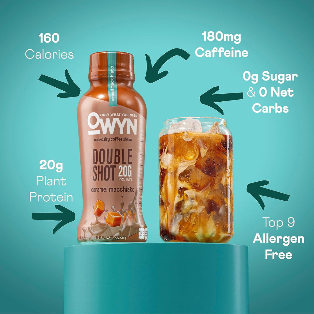 OWYN Only What You Need Double Shot Dairy Free Keto Protein Coffee Shake, Caramel Macchiato, 0g Sugar, 20g Plant Based Protein, 180mg Caffeine, Gluten &amp; Soy Free, Non-GMO, Vegan (12 Pack, 12 Fl Oz)