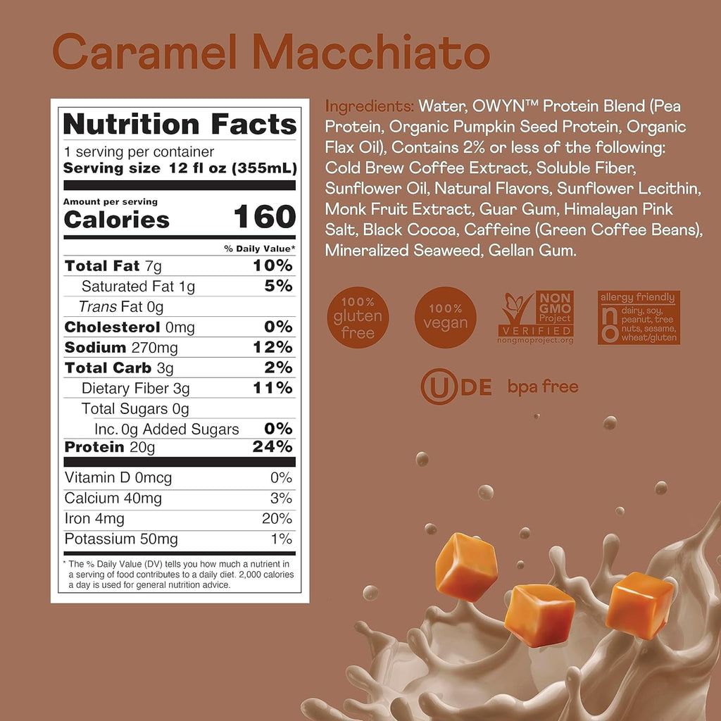 OWYN Only What You Need Double Shot Dairy Free Keto Protein Coffee Shake, Caramel Macchiato, 0g Sugar, 20g Plant Based Protein, 180mg Caffeine, Gluten &amp; Soy Free, Non-GMO, Vegan (12 Pack, 12 Fl Oz)