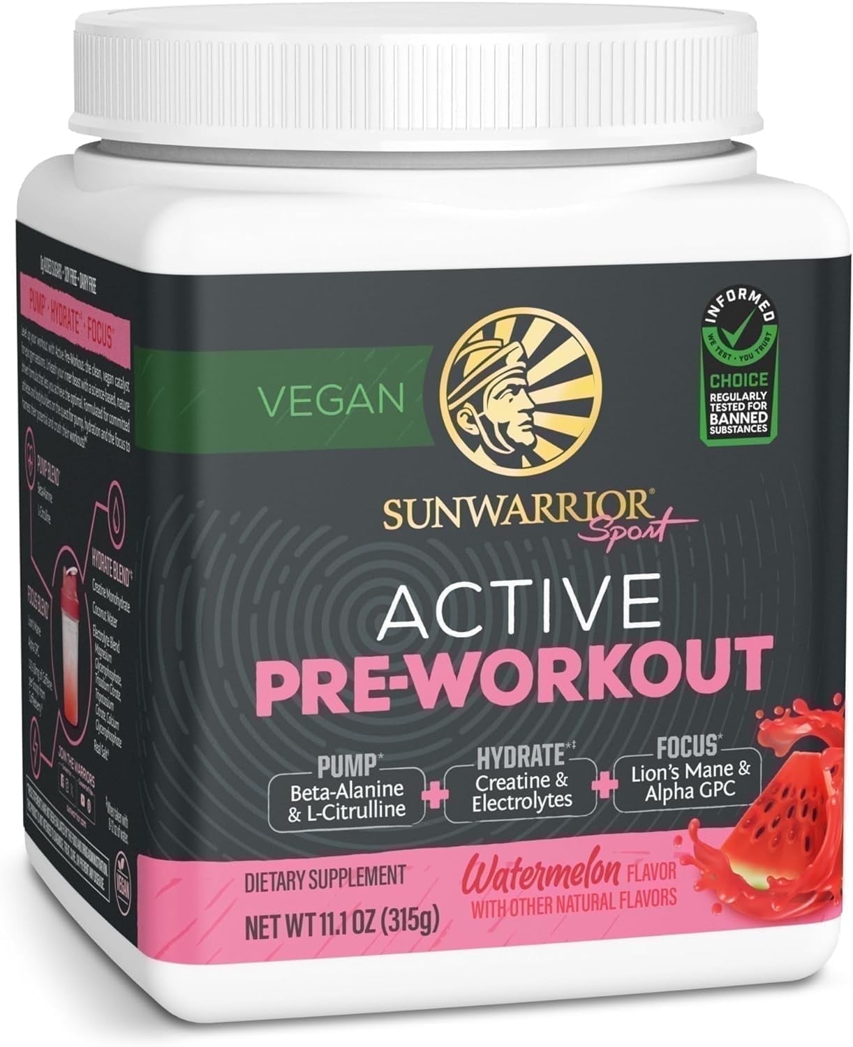Sunwarrior Active Pre-Workout Powder for Men &amp; Women, Watermelon, 315g (30 Servings)