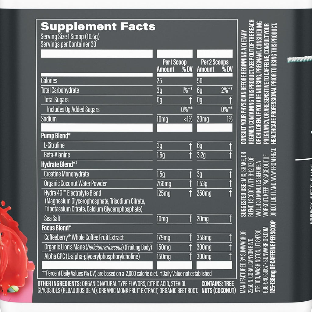 Sunwarrior Active Pre-Workout Powder for Men &amp; Women, Watermelon, 315g (30 Servings)
