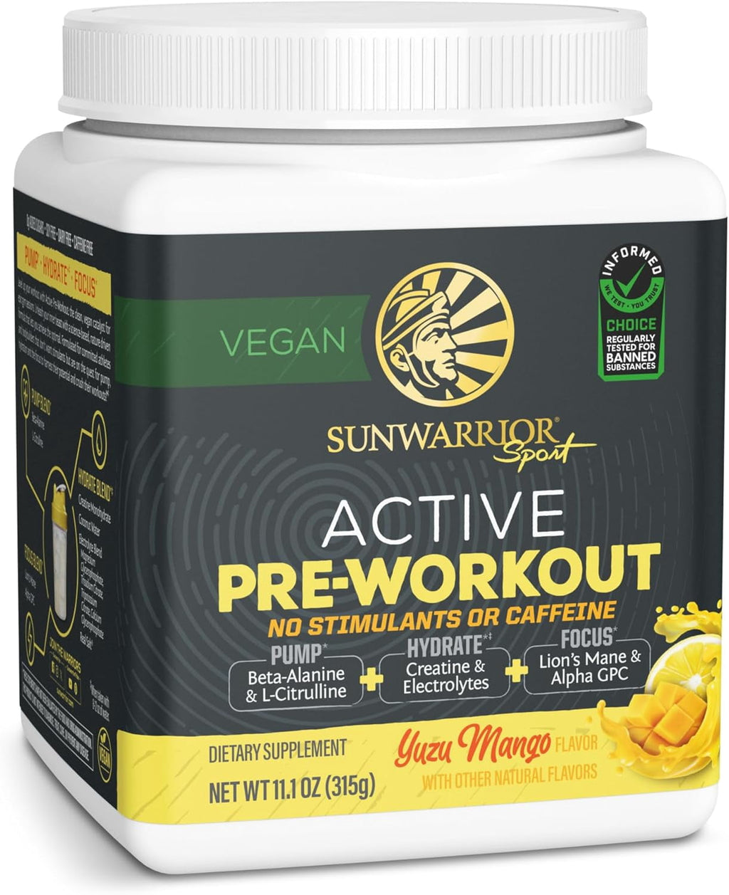 Sunwarrior Active Pre-Workout Powder for Men &amp; Women, Watermelon, 315g (30 Servings)