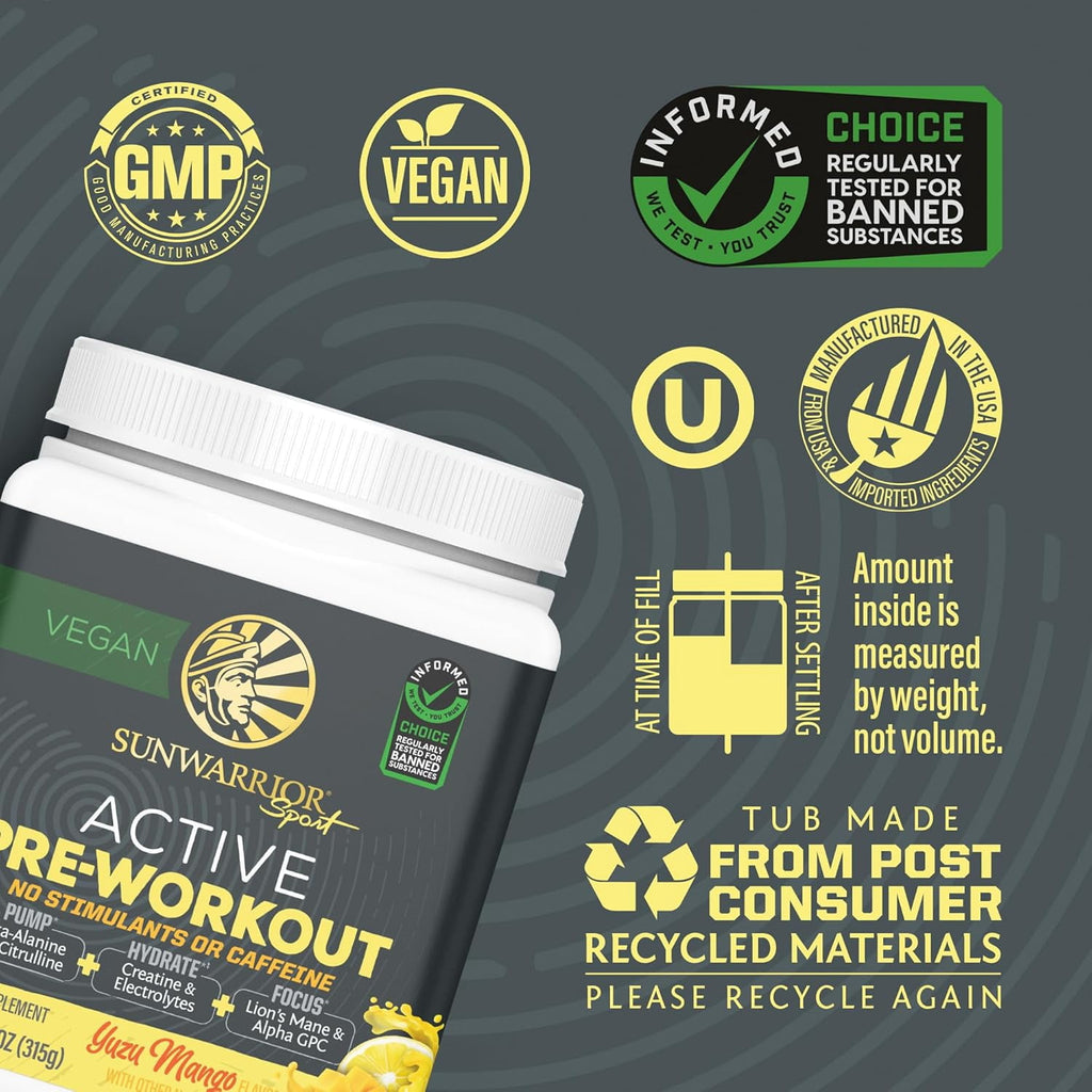 Sunwarrior Active Pre-Workout Powder for Men &amp; Women, Watermelon, 315g (30 Servings)