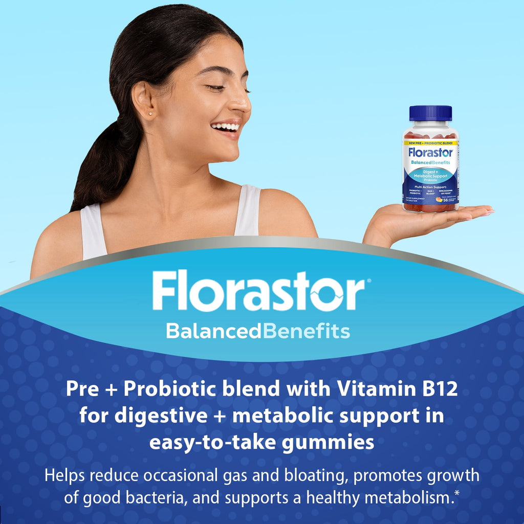 Florastor Probiotic and Prebiotic Gummies with Vitamin B12, Digestive Support, 56 ct